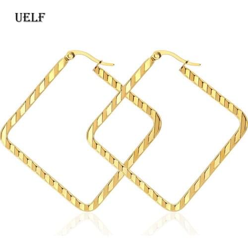 Uelf New Trendy Stainless Steel Simple Fashion 4cm Circle Aquare Hoop Earring for Woman Fine Jewelry