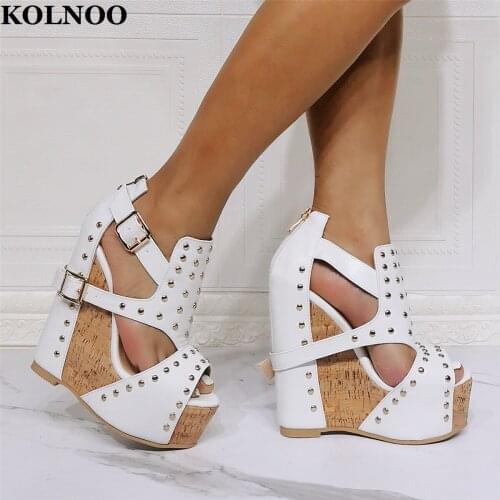 KOLNOO Real Pictures Womens Handmade Wedges Heels Sandals Peep-Toe Rivets Spikes Party Prom Buckle Strap Fashion Daily Shoes