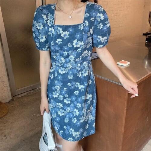 Oversize Womens Dress Denim Floral Print Vintage Square Collar Dress Summer 2021 New Shorts Sleeve Dress Denim 52H