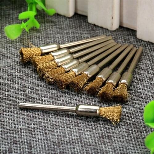 10Pcs 6mm Pen Shape Brass Wire Cleaning Polishing Brushes Wheel 3mm/ 3/25" Shank for Grinder Drill Power Rotary Abrasive Tools