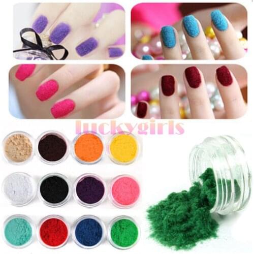 12 Pots Colors Nail Art Velvet Flocking Snow Powder Dust Acrylic UV 3D Tip DIY