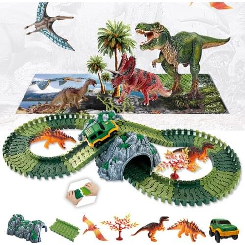 157PCS Kids DIY Jurassic Dinosaur Race Car Track Assemble Flexible Racing Track Dinosaur Model Electric Car Vehicle Toy