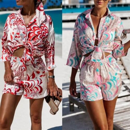 CHRONSTYLE 2pcs Beach Styles Satin Sets Women Fashion Pattern Print Button-down Shirts Empire Shorts 2021 Summer Casual Outfits