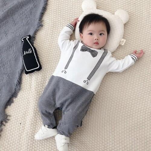 White Cotton Baby Spring Jumpsuit for 1-2 Years Boys Newborn Baby Clothes Boys' Super Cute Climbing Suit with Bow Tie