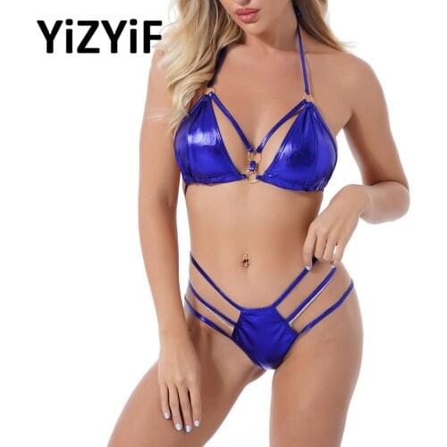 Women Patent Leather Halter Lace Up O-ring Front Bra with Metal Chain Patchwork Briefs Charming Bikini Set