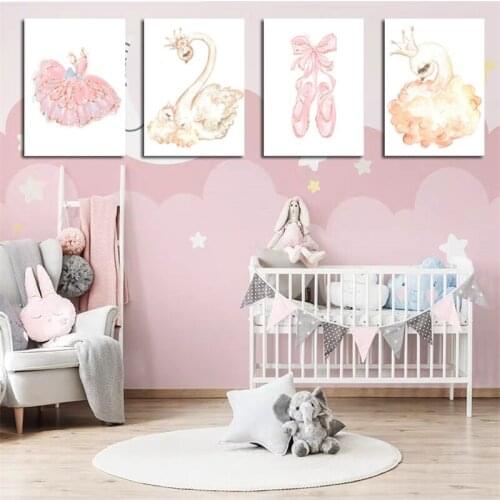 Baby Nursery Ballerina Wall Swan Girls Pink Ballet Slipper Print Kids Room Canvas Printing Nordic Painting Pictures Decoration