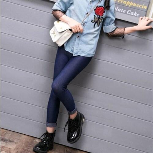 New Spring And Summer Fashion Girl Pencil Knit Imitation Denim Fabric Jeans Children Candy Waist Full Length Pants
