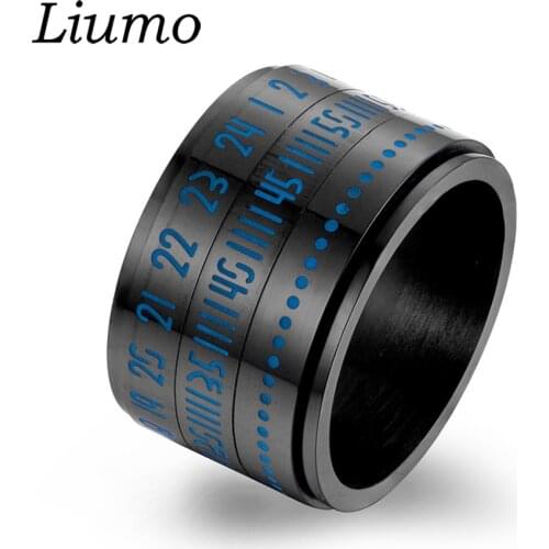 Liumo Trendy Rotate Glow In The Dark Blue Light Showing Numerals Man 316L Stainless Steel Biker Ring Lr1126
