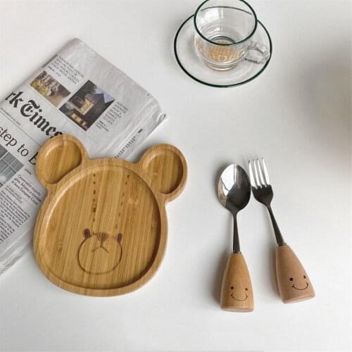 Cute Baby Wood Dining Plate Spoon Fork Cartoon Bear Toddler Tableware Sucker Children Feeding Bowl Kids Anti-fall Dishes