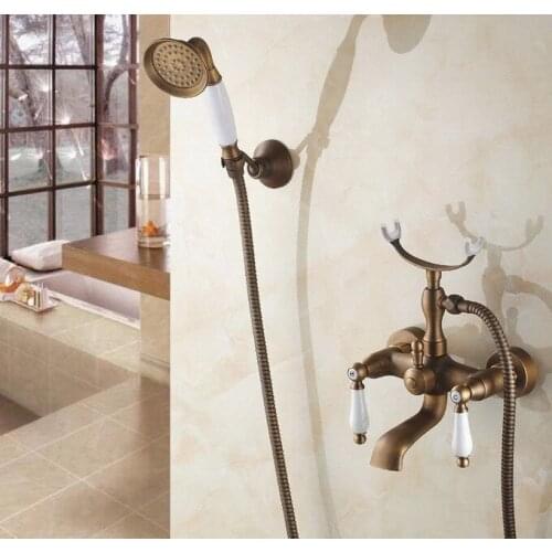 Wall Mount Retro Antique Brass Bathroom Tub Faucet Set with 150CM Handheld Shower Spray Head Bath Mixer Tap 2tf156