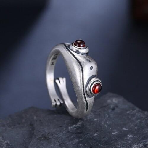 Unisex Red Stone Frog Open Adjustable Rings Vintage Silver Color Frog Ring Retro Personality Creative Animal Fine Jewelry Gift