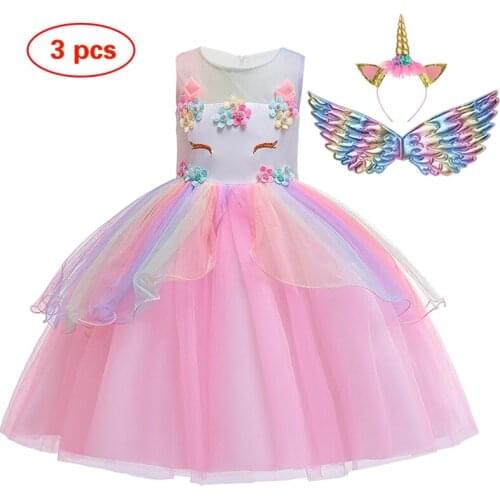 Christmas Girl Rainbow Unicorn Dress Kids Birthday Party Fancy Costume Flower Girl Wedding Princess Dress Baby Clothes Vestidos