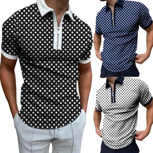 Brand Polka Dot Print Polos Shirt Mens Casual Daily Work Zipper Turn-Down Collar Blouse 2021 New Summer Men Sports Fitness Tops