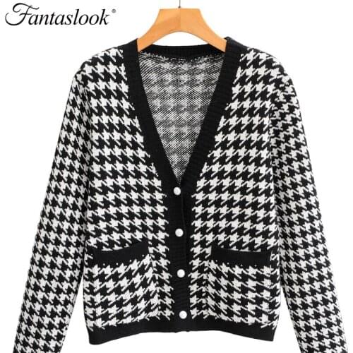 Houndstooth Cardigans Oversized Sweaters Women Button V Neck Jumper Loose Knitted Sweater Female Long Sleeve Pull Femme