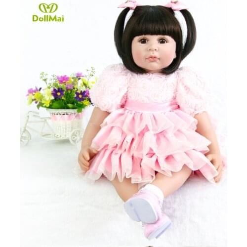 60cm Silicone Reborn Baby Doll Toys 24inch Vinyl Princess Toddler Girl Babies Doll pink dress bebes reborn Birthday Gift