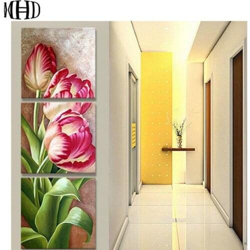 MHD Triptych flowers full & round 5d diy diamond painting diamond embroidery 3d diamond cross stitch mosaic sewing 1 set of 3