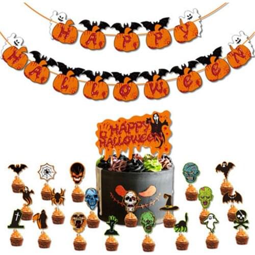 Halloween Hanging Garland Bunting Bat Pumpkin Ghosts Spider Paper Banner Cake Toppers Halloween Party Decorations Horror Props