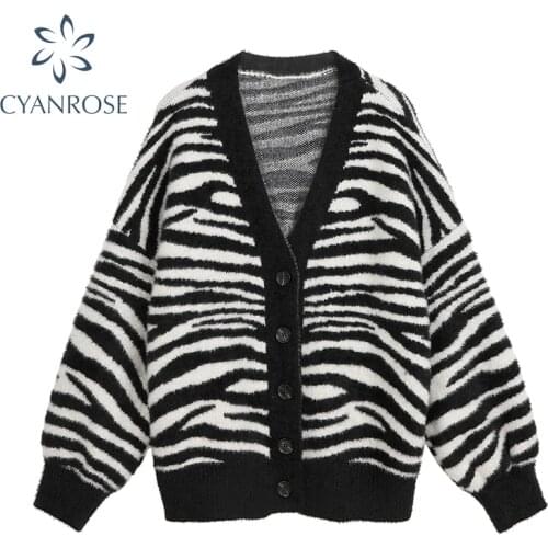 Women Sweater Jacket 2021 Oversized Knitted Cardigans V-neck Loose Vintage Zebra Print Jumpers Long Sleeve Elegant Female Coat