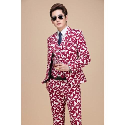 2018 Tide Plus Size 5XL Rose Red Geometry Pattern Modern Suits For Men Jacket and Pants Fashion Casual Dj Prom Tuxedo