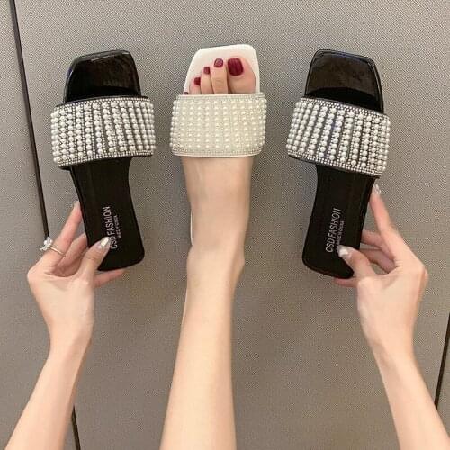 2021 Summer New Fashion Outer Wear Slippers Women Rhinestone Flat Flip Flop Beach Sandals Women