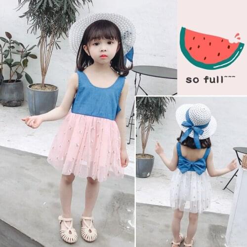 2021 New Summer Dresses Baby Girl Clothes Bow Denim Top+ Sun Hat Little Daisy Print Kid Draped Dress Sleeveless Casual Beach1-4Y