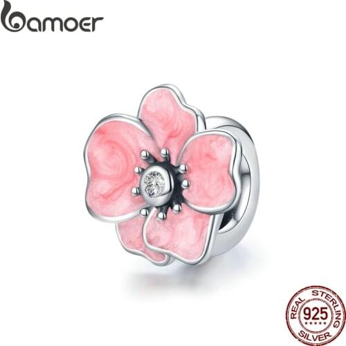 Bamoer Pink Flower CZ Metal 925 Sterling Silver Charm Stopper Bead for Women Brand Bracelet & Bangle DIY Jewelry SCC1729