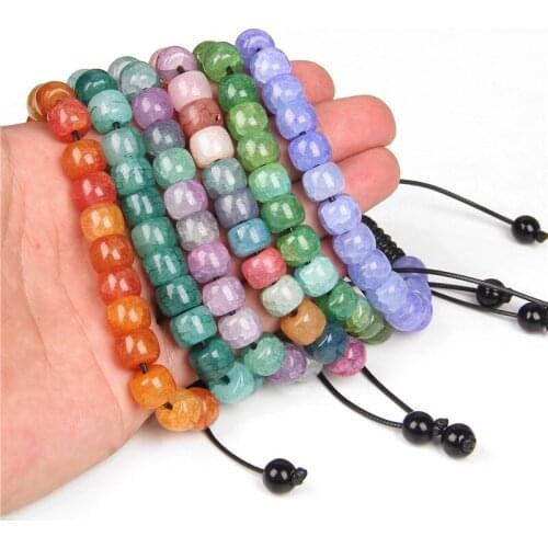 8x10mm Big Rondelle Beads Bracelet Colorful Cracked Veins Agates Stone Braided Bracelets For Women Men Adjustable Rope Jewelry