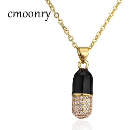 Cmoonry Cute Pill Shape Pendant Necklace Gold Color CZ Stone 4 Colors Oil Dripping Necklace For Women Men Gift For Friend