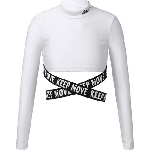 Kids Girls Slim Fit Workout Running Gym Sport Dance Top Stand Collar Long Sleeve Sash Cross Waist Crop Top Active Sports T-shirt