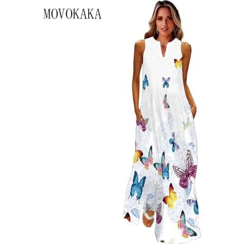 MOVOKAKA Butterfly Print Long Dress 2021 Sleeveless Casual Beach Women Dresses Summer Dress Vintage Girls Maxi Dresses For Women