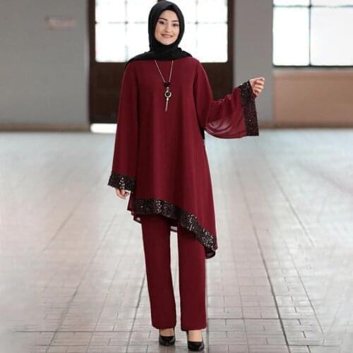 Elegant two pieces muslim Worship service robes suits sequined glossy Abaya Robe Tunic Jubah dubai Ramadan robes sets F1802