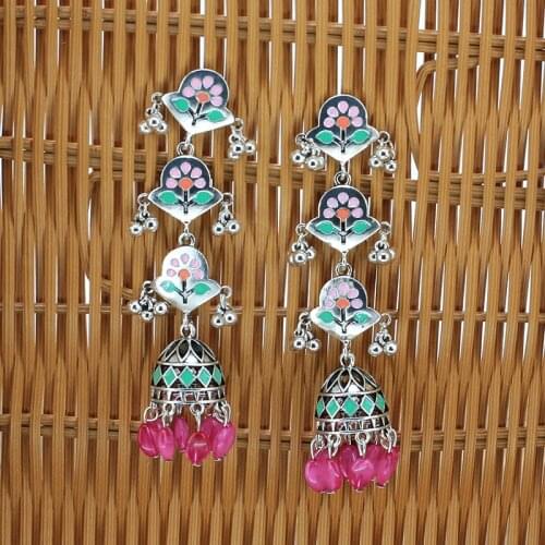 Ethnic Big Flower Turkish Bells Indian Jhumka Earrings Womens Vintage Turkey Silver Color Afghan Long Tassel Earrings Bijoux
