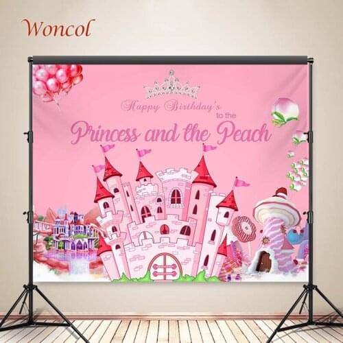 Woncol Cartoon Castle Photo Backgrounds Birthday Photography Backdrops Princess Peach Custom Pink Poster Banners Decorations