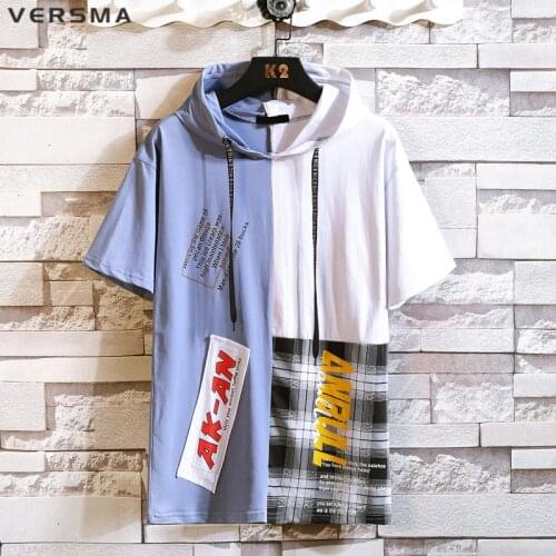 VERSMA Japanese Chic Plaid Stitch Round Neck Hooded T-shirts Boys Girls Summer Slim Fit Short Sleeve Casual T-shirt Dropshipping