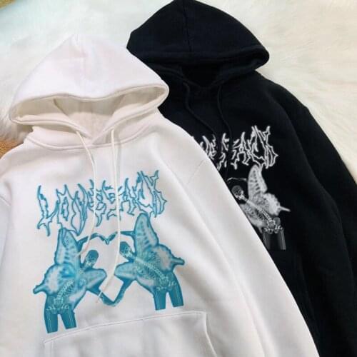 Art Butterfly Skeleton Heart Picture Dark Pullover Hooded Punk Streetwear Gothic Harajuku Casual Loose Women Hoodie Sweatshirt