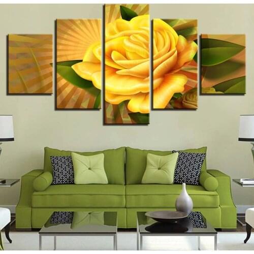 HD Printed Canvas Modern Living Room Pictures 5 Panel Yellows Rose Painting Wall Art Modular Home Decoration Poster Frame