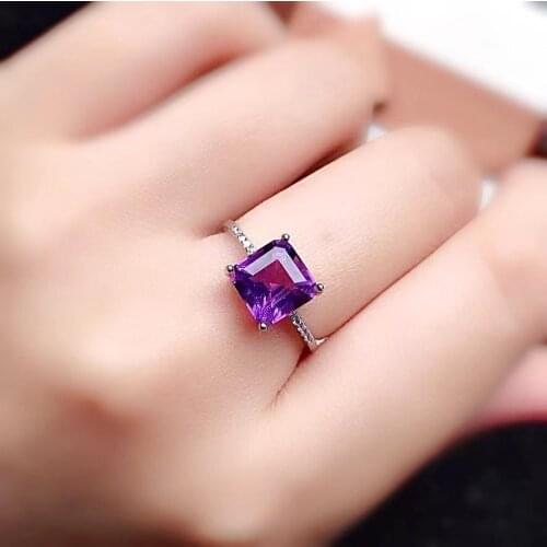 Classic Amethyst Engagement Ring for Woman 8mm Princess Square Cut Natural Amethyst Ring Solid 925 Silver Amethyst Jewelry