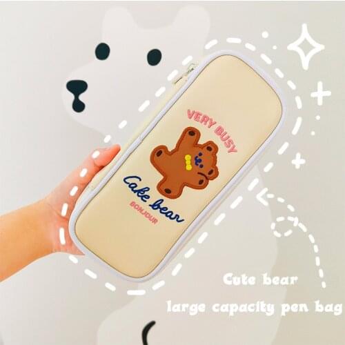 Leather Cartoon Cake Bear Pencil Case Simple Large Capacity Student Pen Bag Multi Function Storage Stationery school supplies
