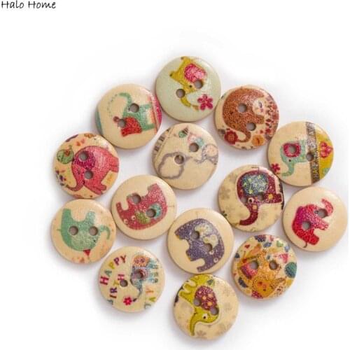 50pcs Cartoon Elephant Theme Round Wooden buttons Sewing Scrapbook Clothing Gifts Crafts Handwork Accessories 15mm