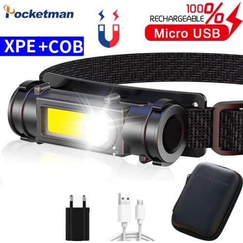 Mini Portable Bright Headlamp with XPE+COB Magnetic Flashlight Usb Rechargeable Head Torch Waterproof Stepless Dimming Headlight