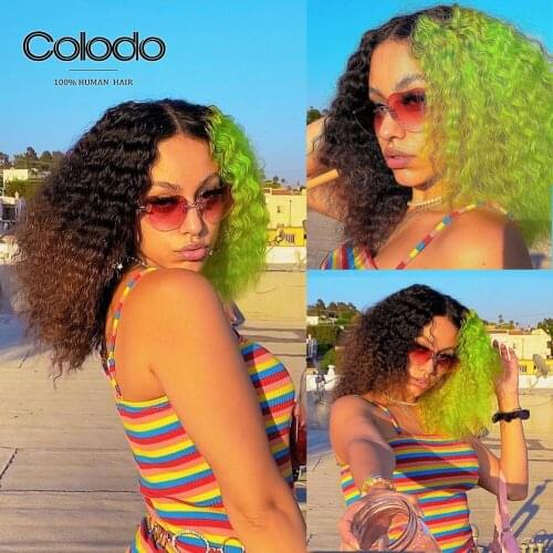 Half Green Half Black Curly Human Hair Wig Pre Plucked Ombre Kinky Curly Wig Lace Front Human Hair Wigs with Baby Hair COLODO