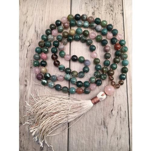 108 Hand Knotted Agates Rose Quartzs Boho Chic Sari Silk Tassel Necklace,Knotted 108 Yoga Mala Tassel Necklace
