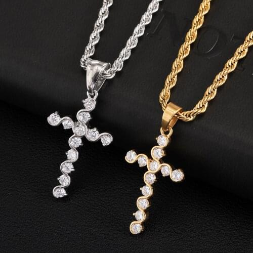 US7 Classical Design Wave Shape Cross Pendant Necklace CZ Stones Inlay Hip Hop Trendy Jewelry For Unisex Fashion Jewelry Gifts