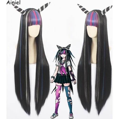 Danganronpa V3 Ouma Kokichi Cosplay Wig Danganronpa 2 Mioda Ibuki Wig Hair Women Long Wig Horns Straight Hair Synthetic Wigs