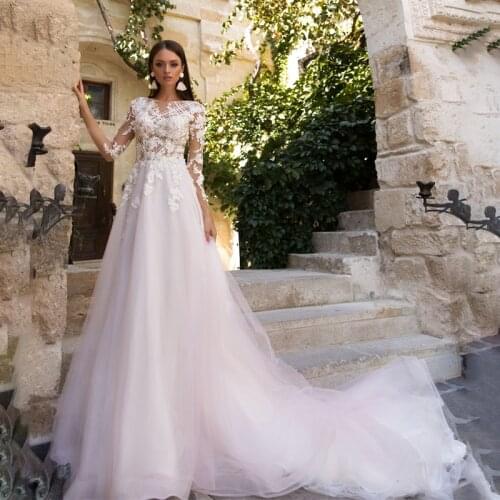 Romantic Open Back Long Sleeves 3D Embroidery Lace Wedding Dress Appliques A Line Princess Summer Beach Bridal Gowns Court Train