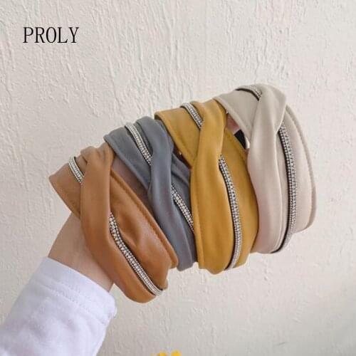 PROLY New Fashion Hairband For Adult Cross Knot PU Leather Headband Shining Alloy Rhinestone Headwear Women
