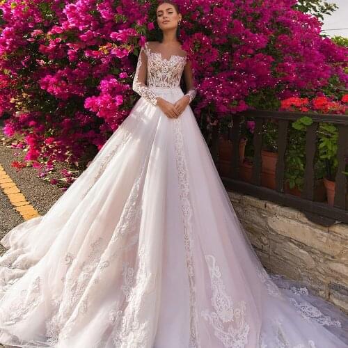 See Through Wedding Dresses A-line Hochzeitskleid Buttons Up Long Sleeve Appliques Lace Tulle Princess Gowns Robe Mariee