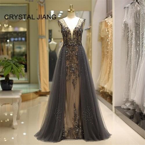 CRYSTAL JIANG Luxury V Neck Sleeveless Evening Gown Open Back Heavy Major Beaded Formal Long Elegant Women Evening Party Dress
