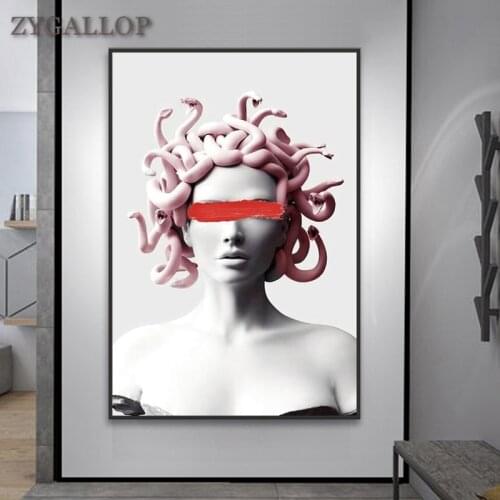 Pink Medusa Sculpture Canvas Poster Graffiti Art Canvas Painting Medusa Cover Face Creativity Wall Picture for Living Room Decor