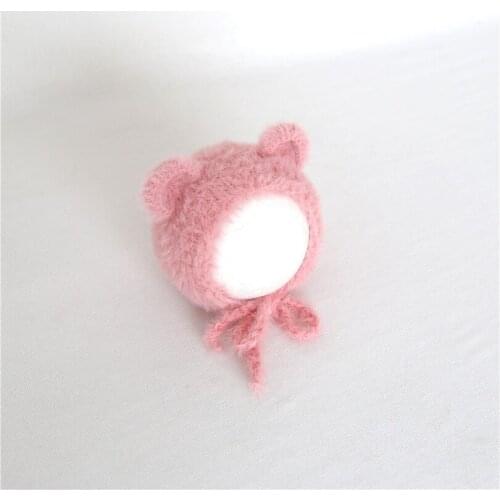 Pink Newborn Furry Hat Knitted Bear Crochet Baby Photography Bonnet Fuzzy Baby Bear Cap Infant Animal Bonnet for Photo Shoot
